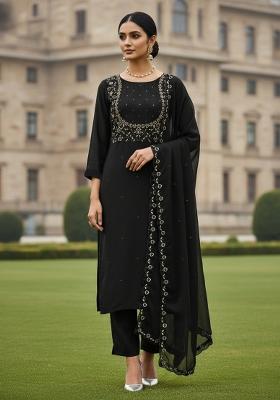Black Embroidered Georgette Dress Material