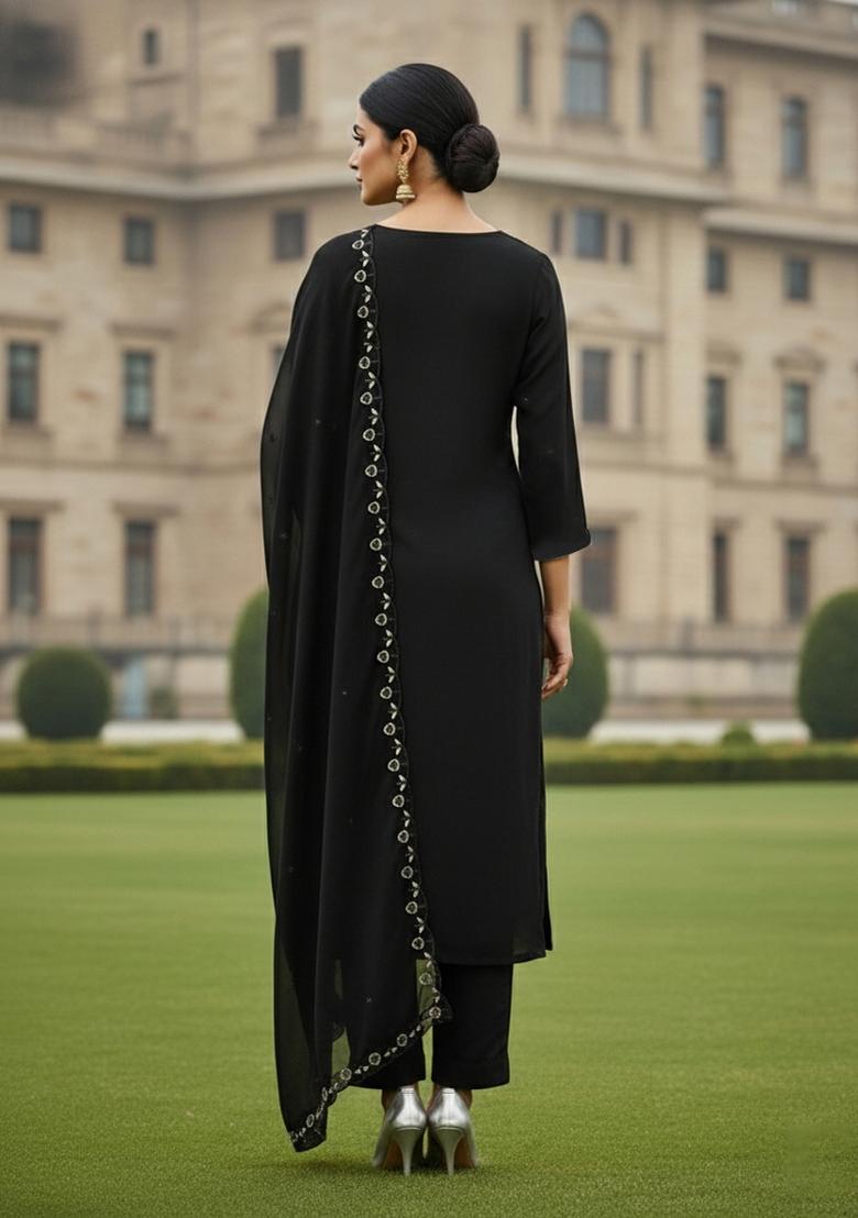 Black Embroidered Georgette Dress Material - Indya