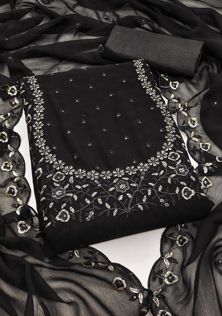 Black Embroidered Georgette Dress Material - Indya