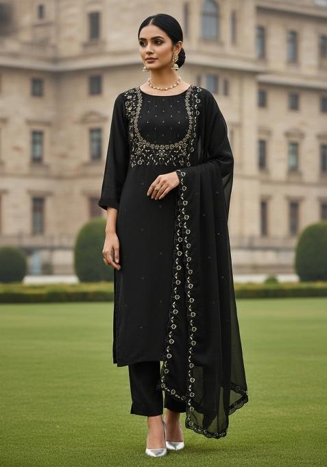 Black Embroidered Georgette Dress Material