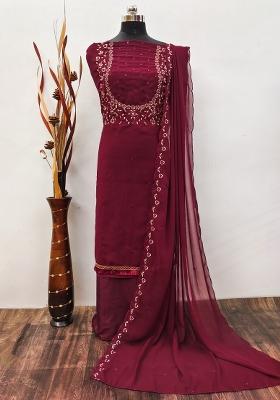 Maroon Embroidered Georgette Dress Material