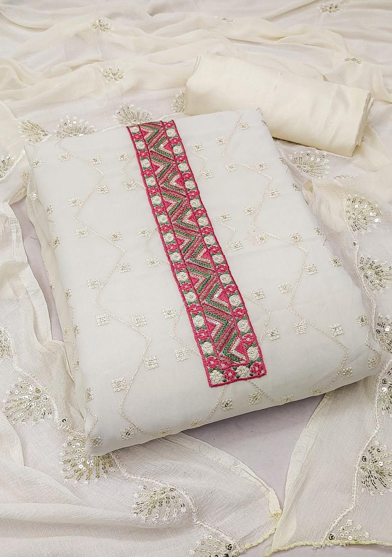 White Embroidered Georgette Dress Material