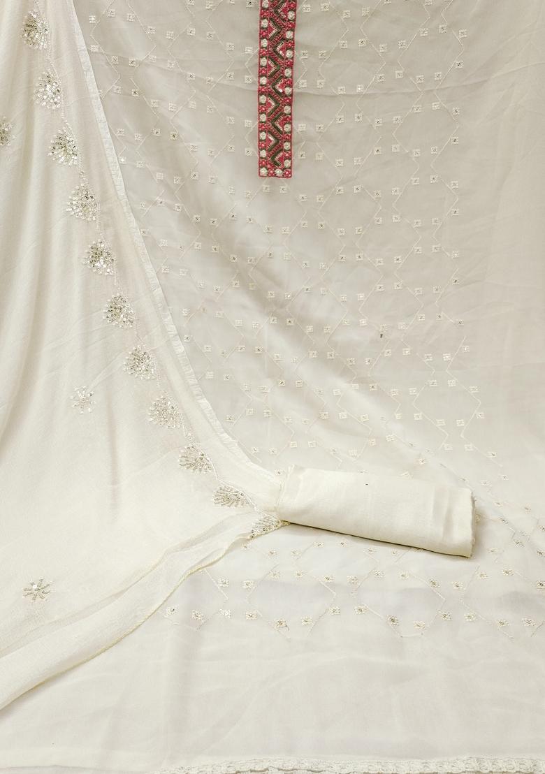White Embroidered Georgette Dress Material