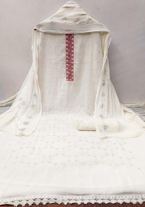 White Embroidered Georgette Dress Material