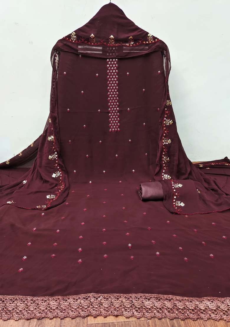 Maroon Embroidered Georgette Dress Material - Indya
