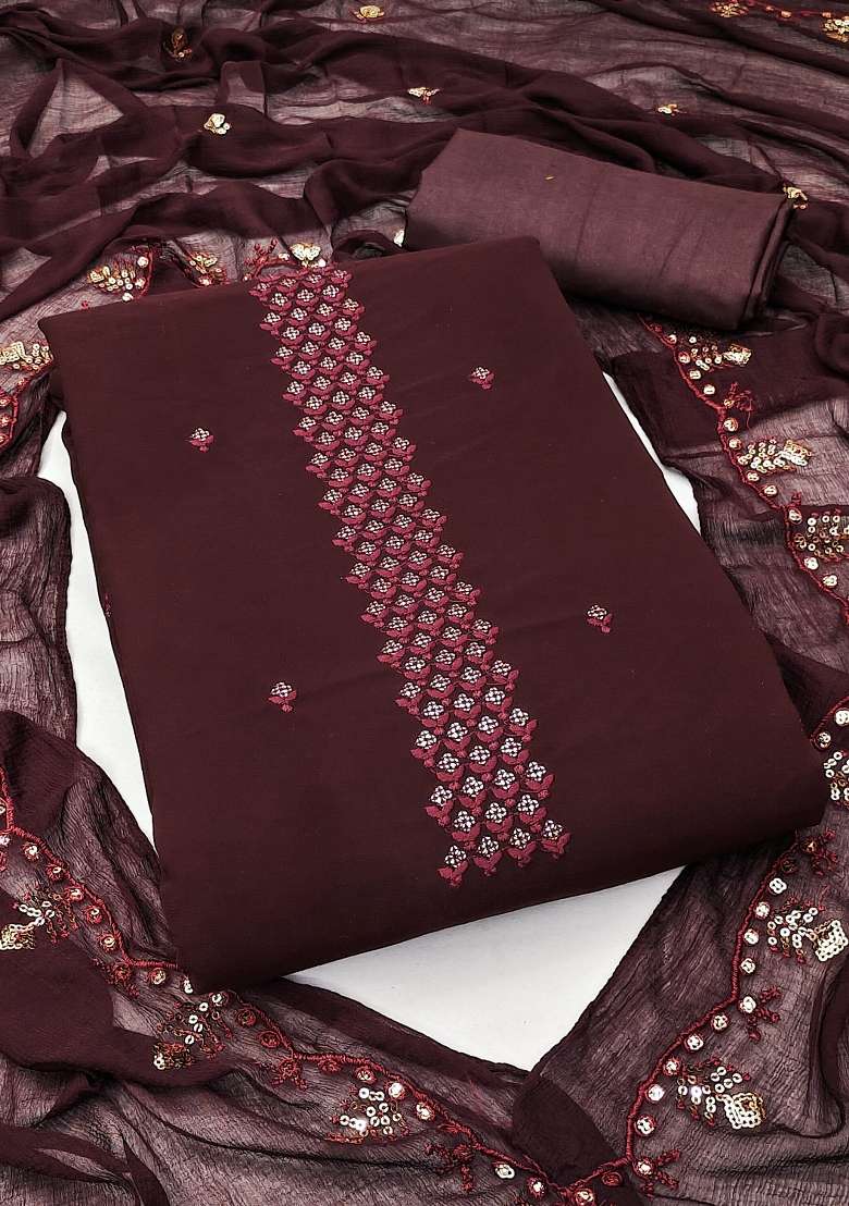 Maroon Embroidered Georgette Dress Material - Indya