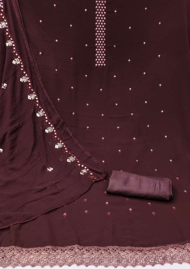 Maroon Embroidered Georgette Dress Material - Indya