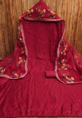 Maroon Embroidered Cotton Blend Dress Material