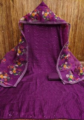 Voilet Embroidered Cotton Blend Dress Material