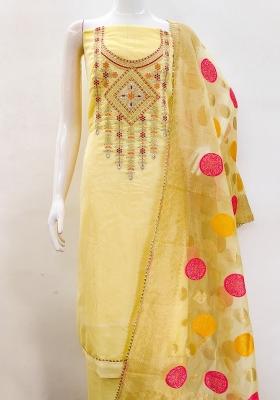 Beige Embroidered Cotton Blend Dress Material