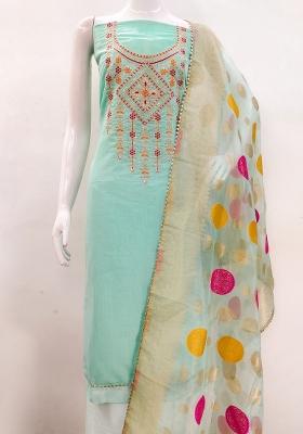 Sea Green Embroidered Cotton Straight Kurta Set