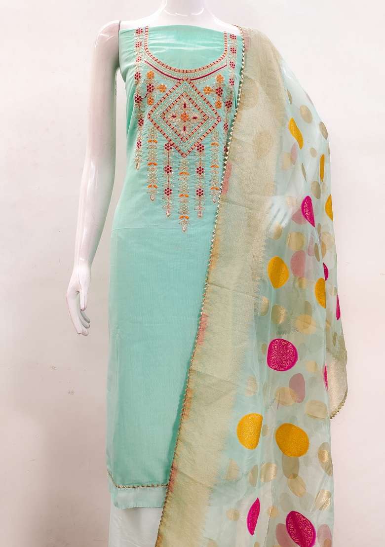 Sea Green Embroidered Cotton Straight Kurta Set - Indya