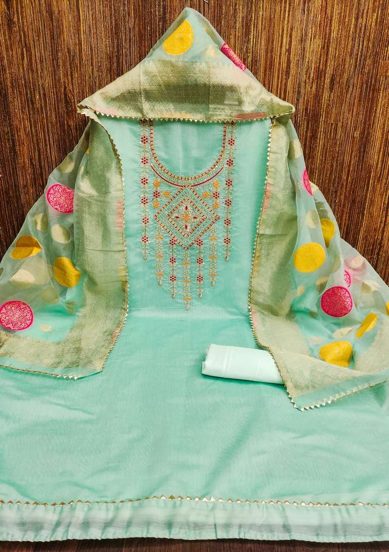 Sea Green Embroidered Cotton Straight Kurta Set - Indya
