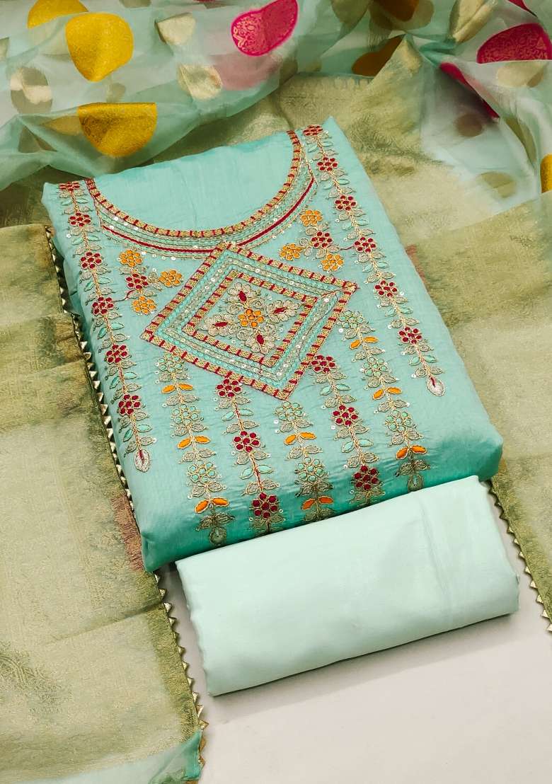 Sea Green Embroidered Cotton Straight Kurta Set - Indya