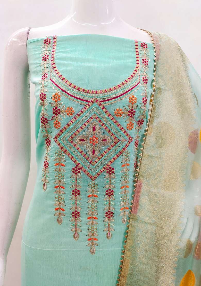 Sea Green Embroidered Cotton Straight Kurta Set - Indya