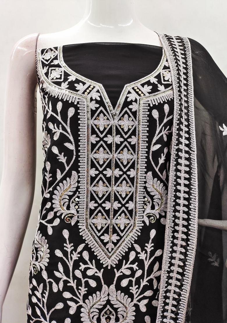 Black Embroidered Georgette Dress Material - Indya