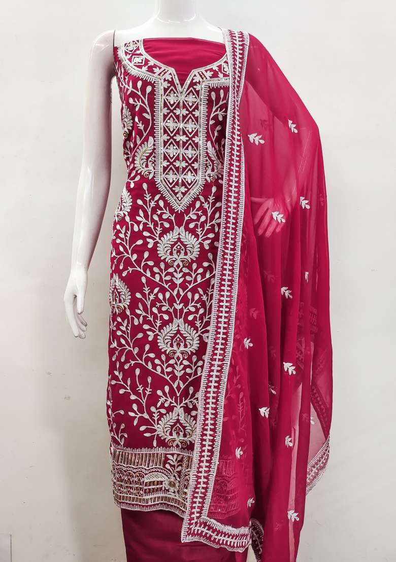 Magenta Embroidered Georgette Dress Material - Indya