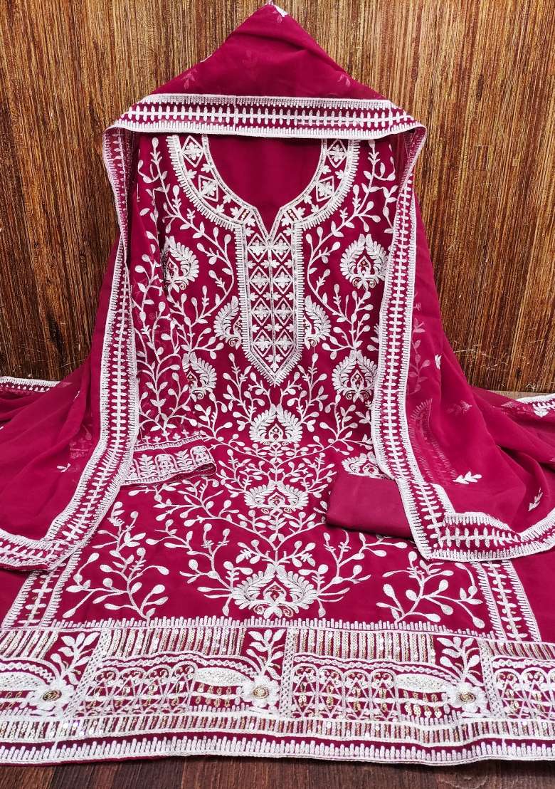 Magenta Embroidered Georgette Dress Material - Indya