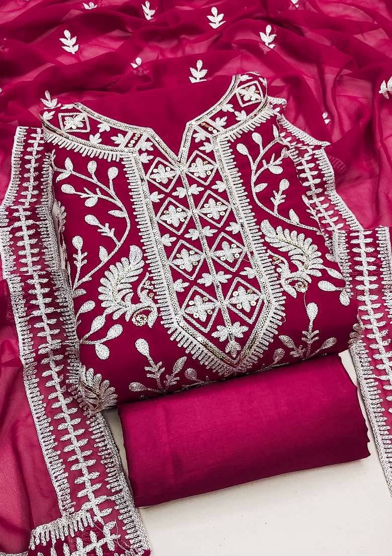 Magenta Embroidered Georgette Dress Material - Indya