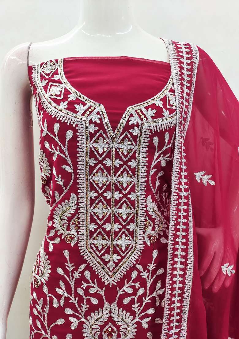Magenta Embroidered Georgette Dress Material - Indya
