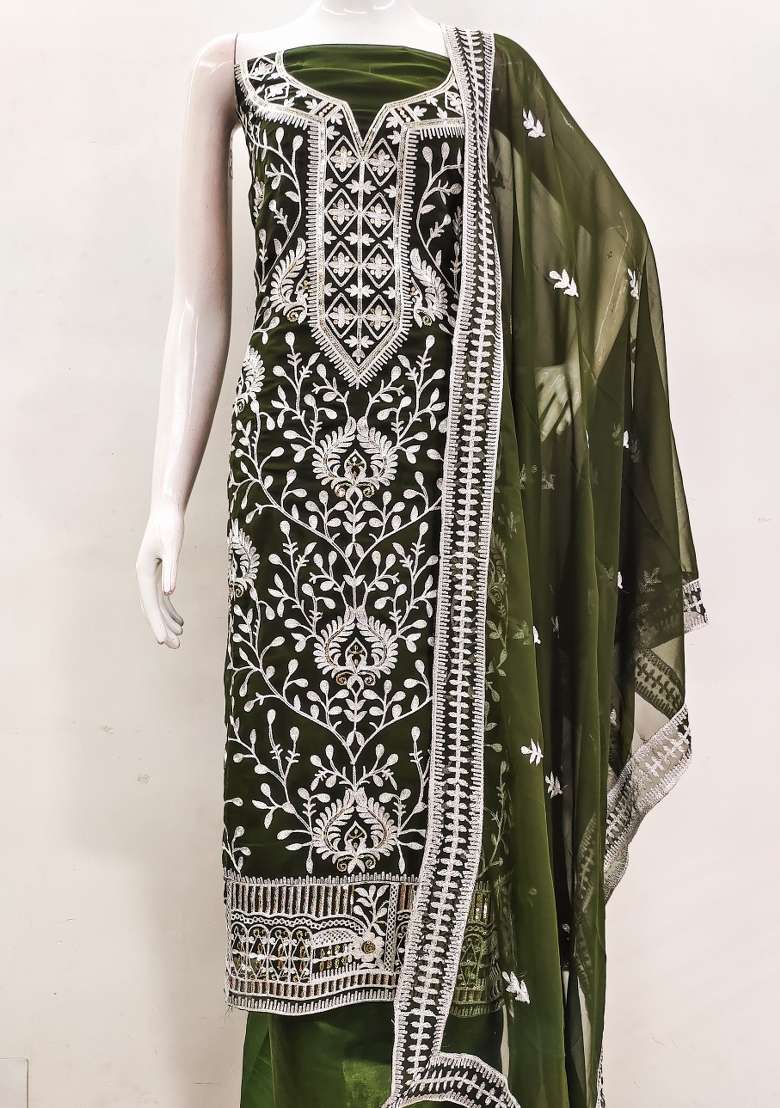 Olive Green Embroidered Georgette Pakistani Suit Set - Indya