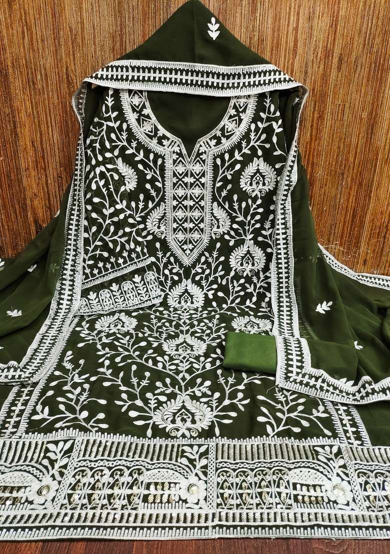 Olive Green Embroidered Georgette Pakistani Suit Set - Indya