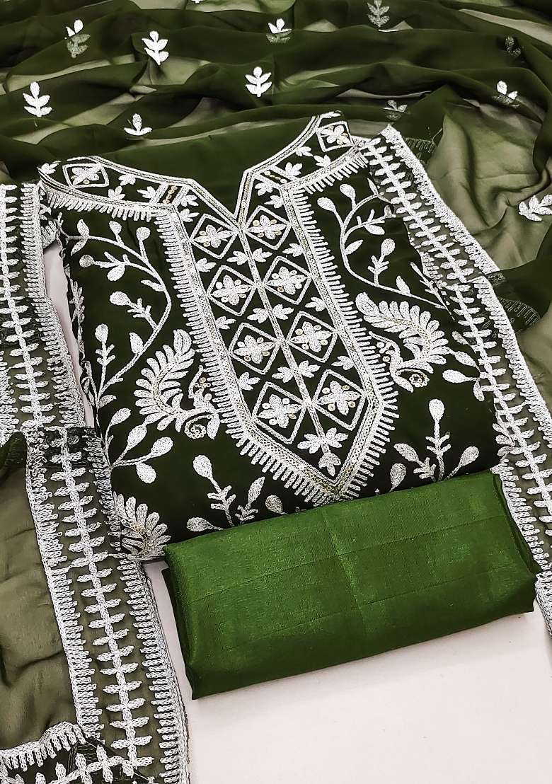 Olive Green Embroidered Georgette Pakistani Suit Set - Indya
