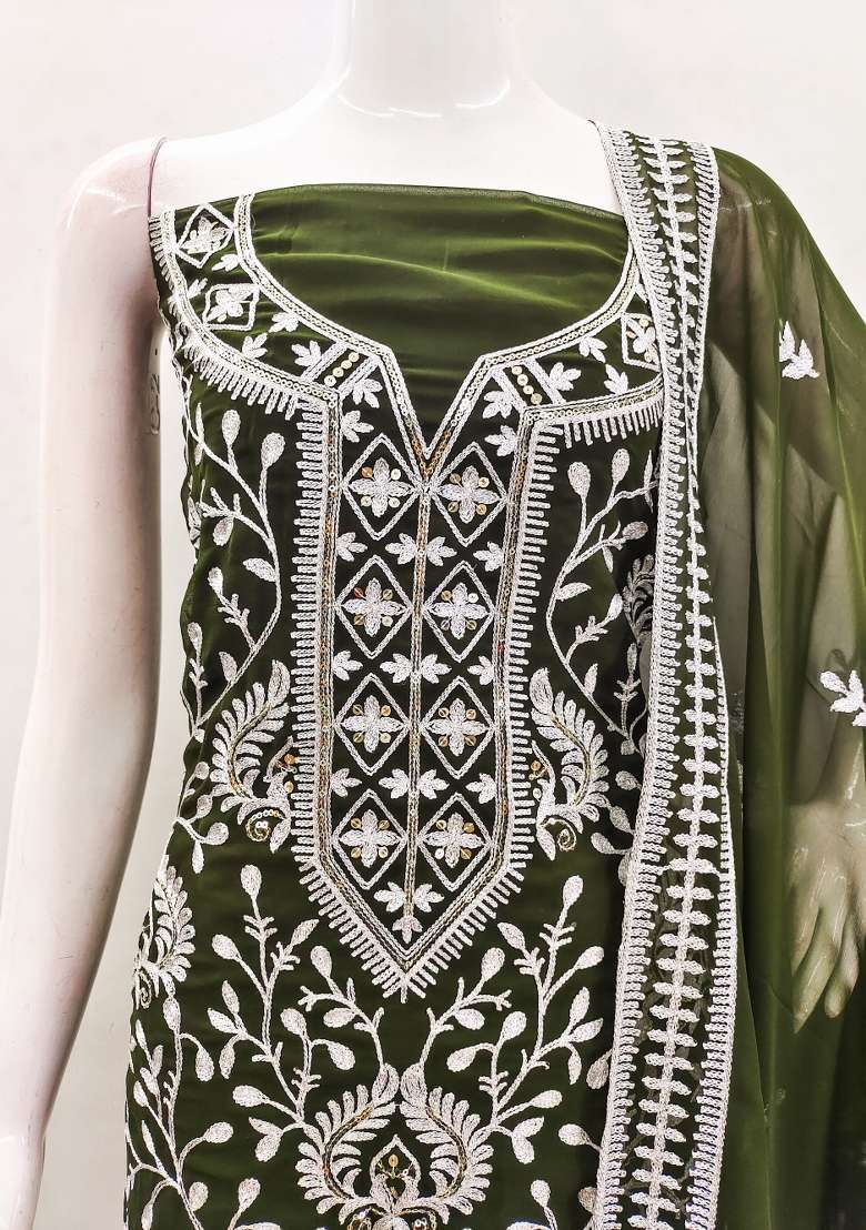 Olive Green Embroidered Georgette Pakistani Suit Set - Indya