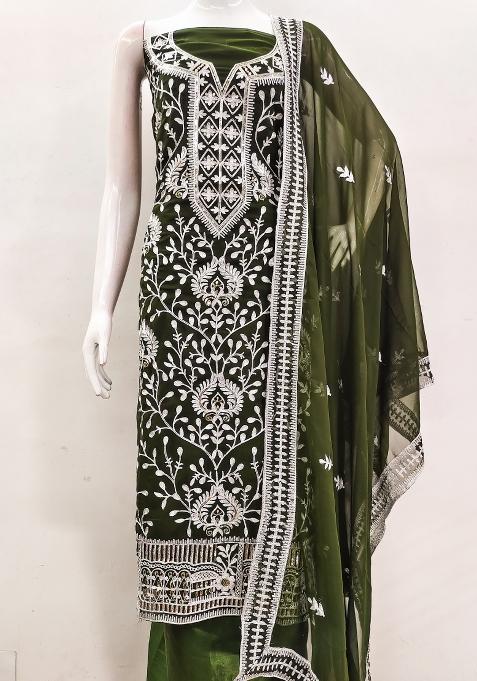 Olive Green Embroidered Georgette Pakistani Suit Set — view on Indya