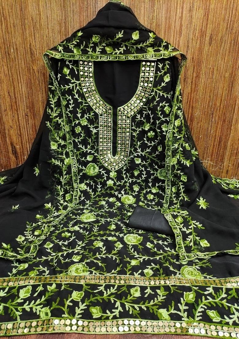 Black Embroidered Georgette Dress Material - Indya