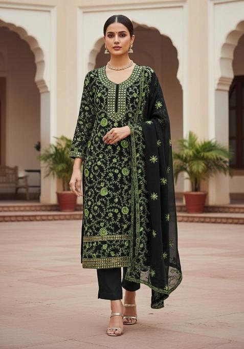 Black Embroidered Georgette Dress Material