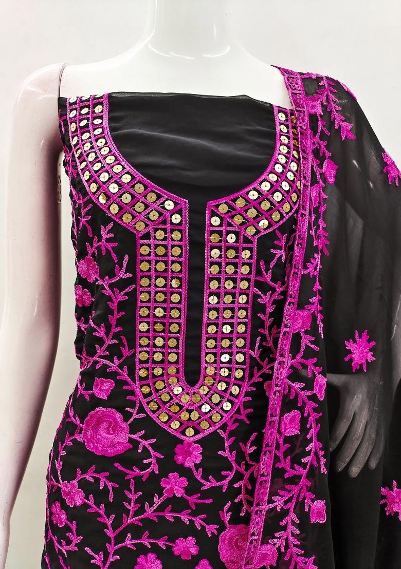 Magenta Embroidered Georgette Dress Material - Indya
