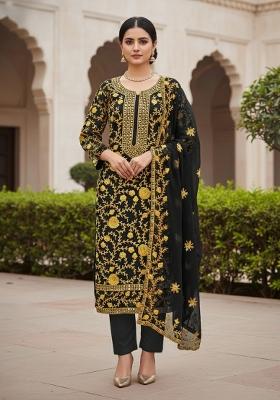 Yellow Embroidered Georgette Dress Material