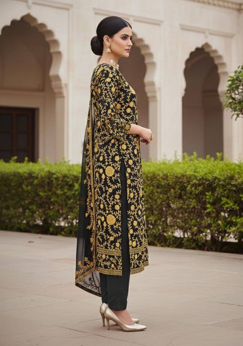 Yellow Embroidered Georgette Dress Material - Indya
