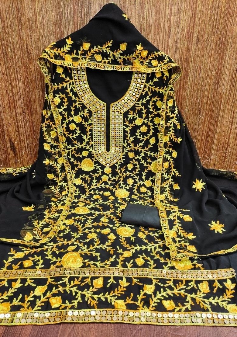 Yellow Embroidered Georgette Dress Material - Indya