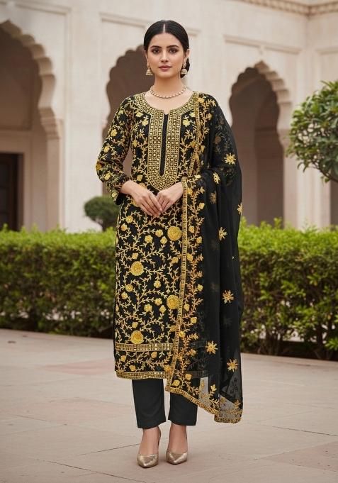 Yellow Embroidered Georgette Dress Material