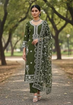 Olive Green Embroidered Georgette Dress Material