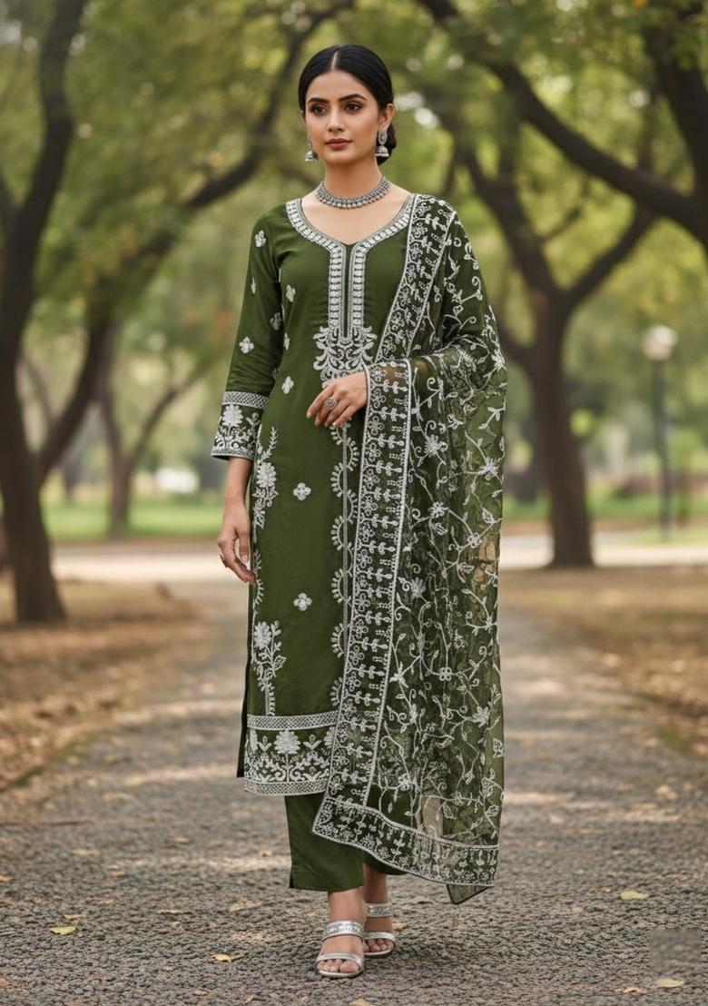 Olive Green Embroidered Georgette Dress Material