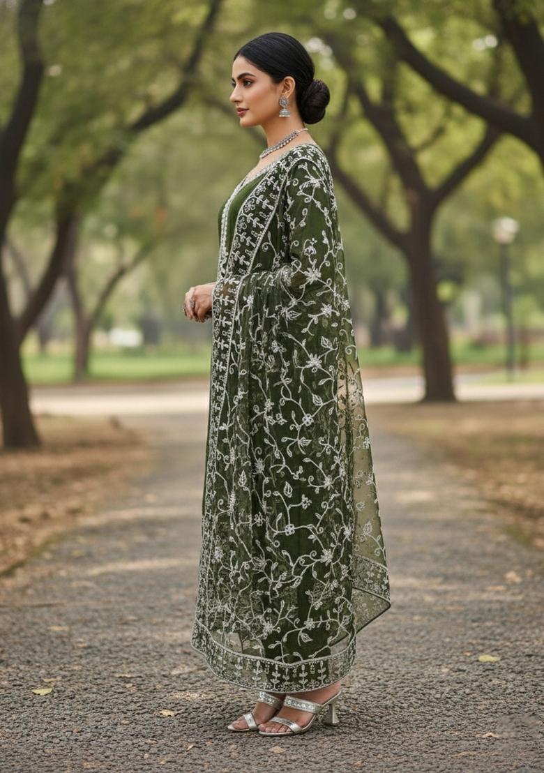 Olive Green Embroidered Georgette Dress Material