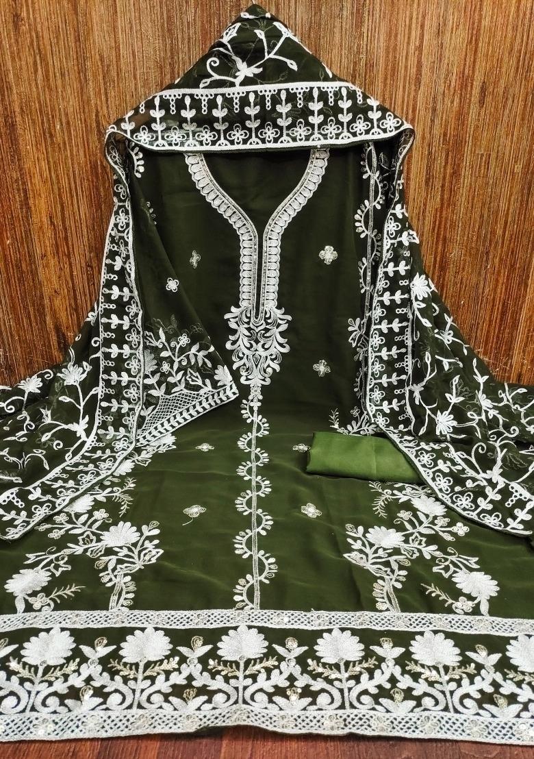 Olive Green Embroidered Georgette Dress Material