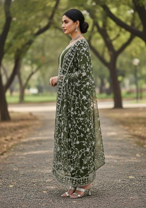 Olive Green Embroidered Georgette Dress Material