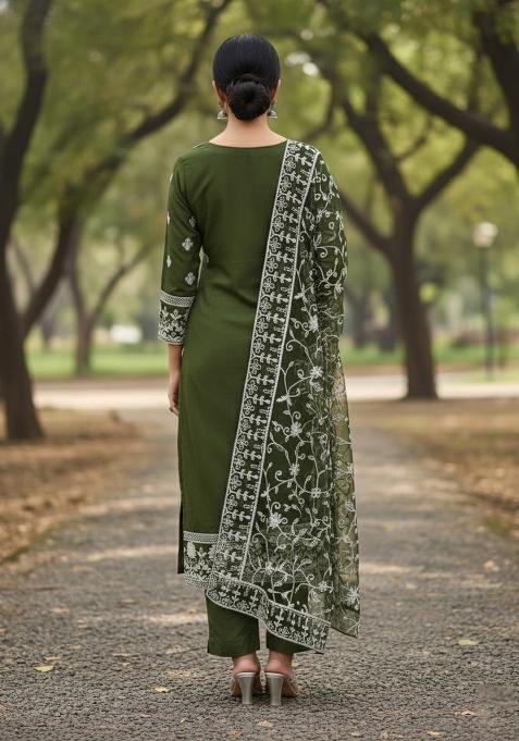 Olive Green Embroidered Georgette Dress Material