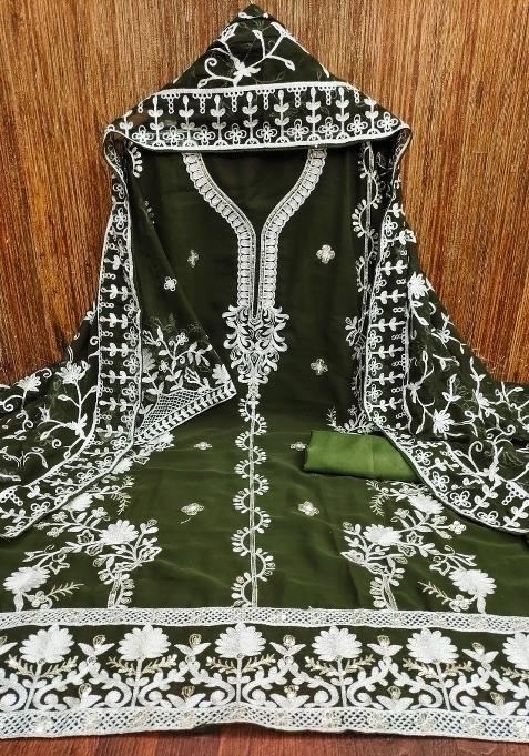 Olive Green Embroidered Georgette Dress Material