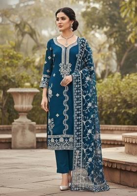 Teal Blue Embroidered Georgette Dress Material