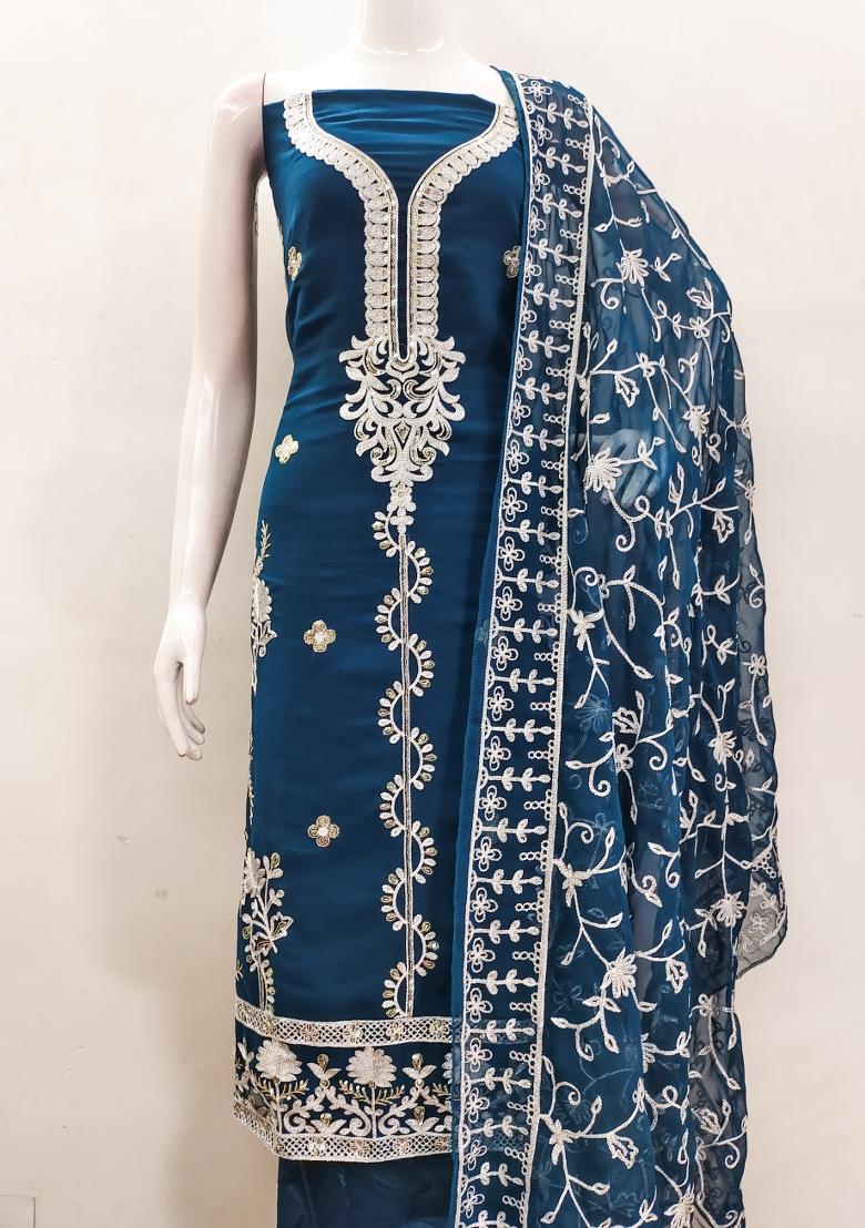 Teal Blue Embroidered Georgette Dress Material