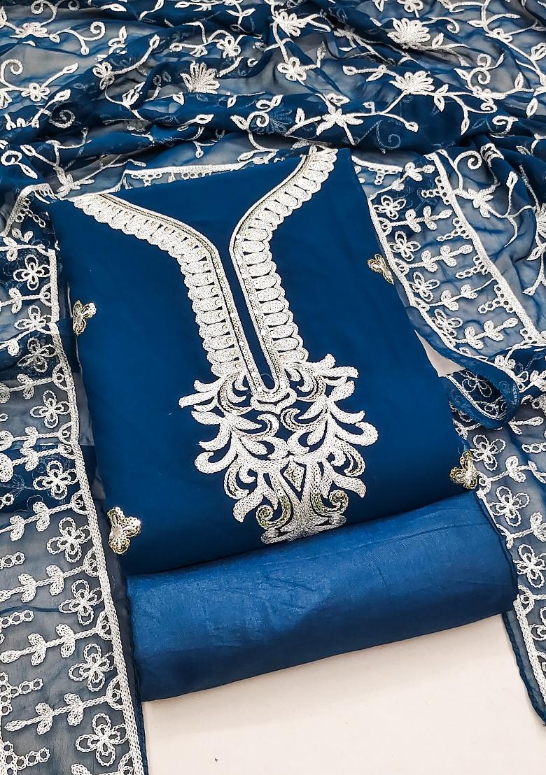 Teal Blue Embroidered Georgette Dress Material