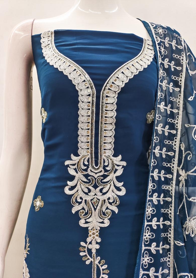 Teal Blue Embroidered Georgette Dress Material