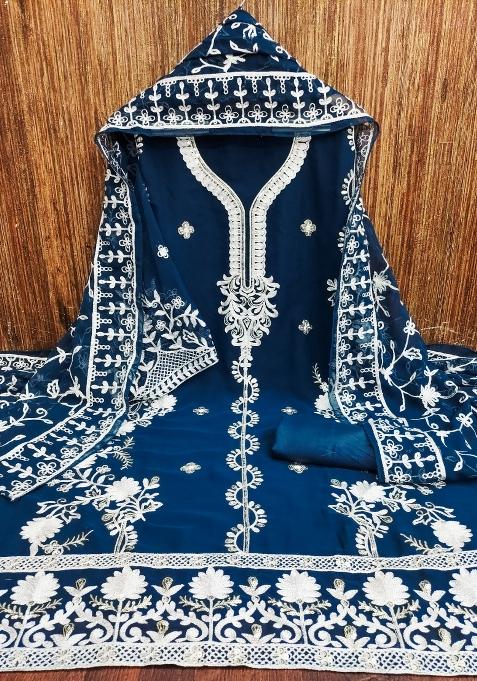 Teal Blue Embroidered Georgette Dress Material