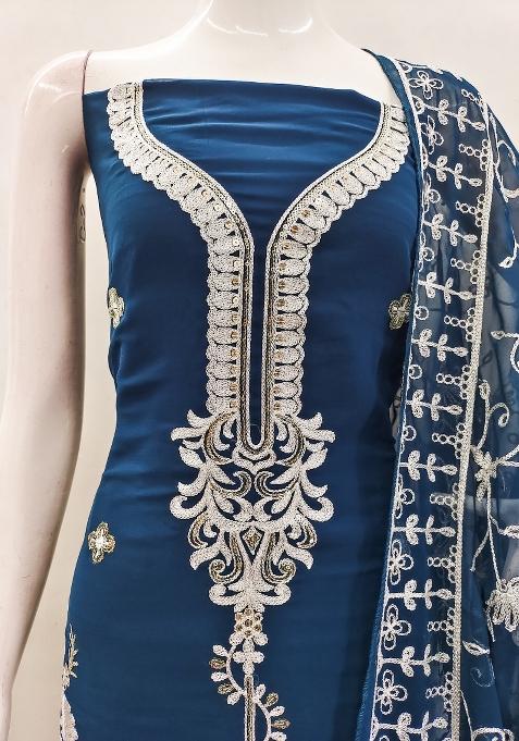 Teal Blue Embroidered Georgette Dress Material