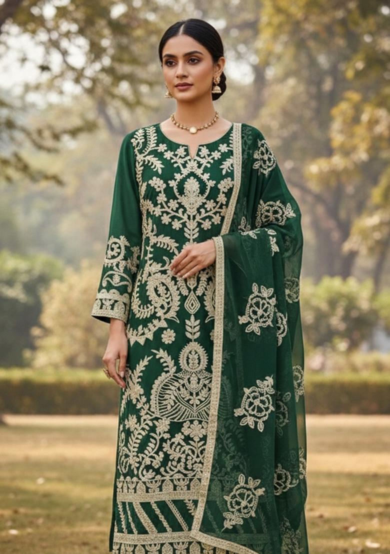Green Embroidered Georgette Dress Material - Indya